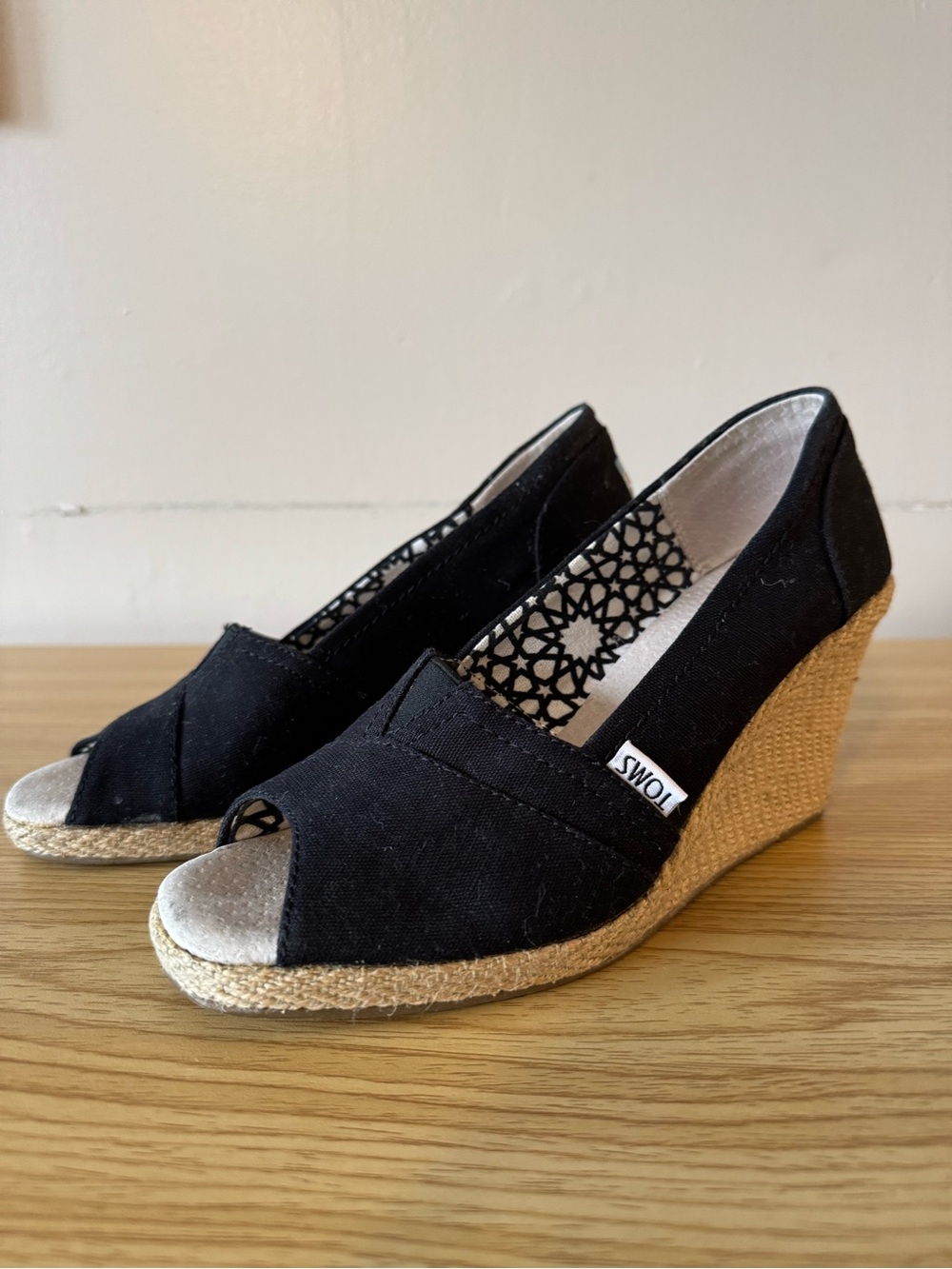 Toms Black Canvas Espadrille Peep-Toe Wedge